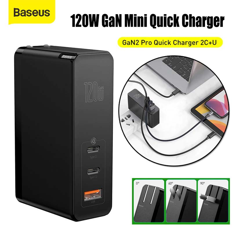 Baseus 120W GaN Mini Quick Charger Dual Type-C + USB-A Ports